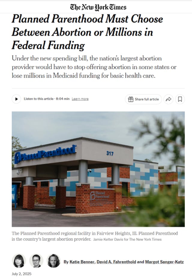 Planned Parenthood choose between abortion and Medicaid (NYT) Planned Parenthood choose between abortion and Medicaid NYTs targets states
