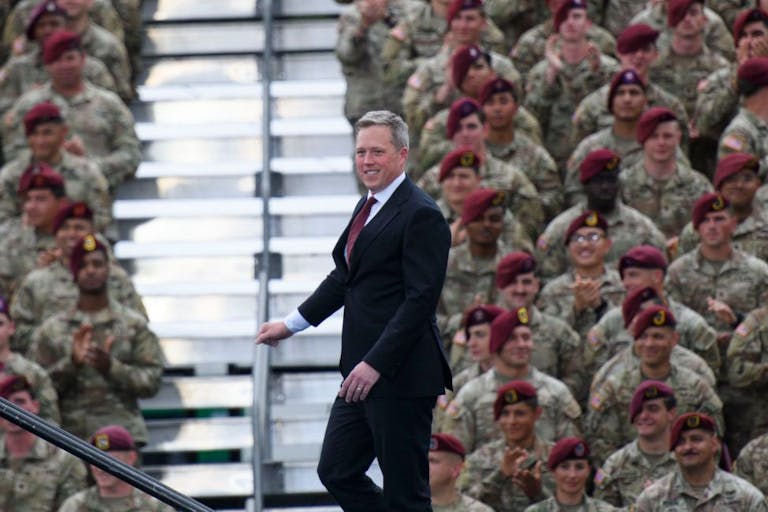 FORT BRAGG, NORTH CAROLINA - JUNE 10: U.S. Secretary of the Army Dan Driscoll walks on stage during a celebration open to the public in honor of the 250th anniversary of the U.S. Army on June 10, 2025 in Fort Bragg, North Carolina. U.S. President Donald Trump traveled to Fort Bragg Army base to observe a military demonstration and give remarks in honor of the anniversary. (Photo by Melissa Sue Gerrits/Getty Images)