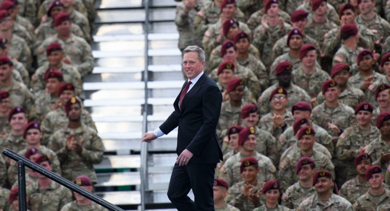 FORT BRAGG, NORTH CAROLINA - JUNE 10: U.S. Secretary of the Army Dan Driscoll walks on stage during a celebration open to the public in honor of the 250th anniversary of the U.S. Army on June 10, 2025 in Fort Bragg, North Carolina. U.S. President Donald Trump traveled to Fort Bragg Army base to observe a military demonstration and give remarks in honor of the anniversary. (Photo by Melissa Sue Gerrits/Getty Images)