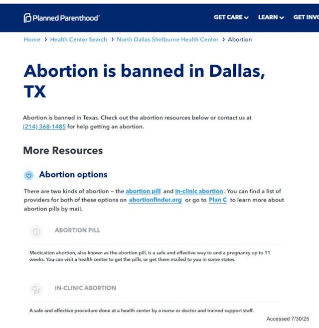 Planned Parenthood abortion resources Texas (https://www.plannedparenthood.org/health-center/texas/dallas/75231/north-dallas-shelburne-health-center-2521-91620/abortion; Accessed 7/30/25) 22 Democrat-led states sue Trump administration for Planned Parenthood defunding image