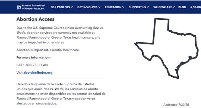 PP of Greater Texas (https://www.plannedparenthood.org/planned-parenthood-greater-texas/abortion; Accessed 7/30/25) 22 Democrat-led states sue Trump administration for Planned Parenthood defunding image