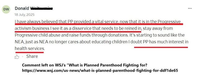 Planned Parenthood donor from vital to disservice Planned Parenthood donor from vital to disservice