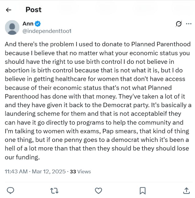 Planned Parenthood donor claims its a laundering scheme for democrats (Image Twitter “X”) Planned Parenthood donor claims its a laundering scheme for democrats (Image Twitter "X")