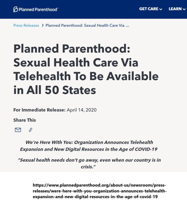 Planned Parenthood telehealth in all 50 states 2020