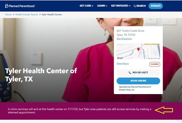 Planned Parenthood Tyler operates online telemed