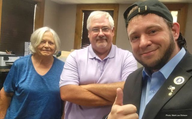 Both of Talco’s city commissioners pose for a photo with Mark Lee Dickson (Photo: Mark Lee Dickson) Both of Talco's city commissioners pose for a photo with Mark Lee Dickson