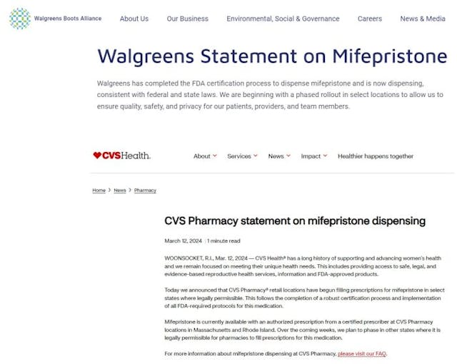 Walgreens and CVS vow to dispense abortion pills (Websites accessed 3/20/2024)