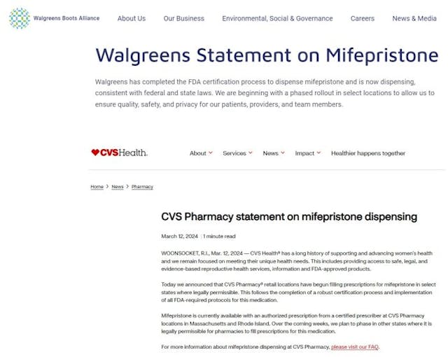Walgreens and CVS vow to dispense abortion pills (Websites accessed 3/20/2024) Walgreens and CVS vow to dispense abortion pills (Websites accessed 3/20/2024)