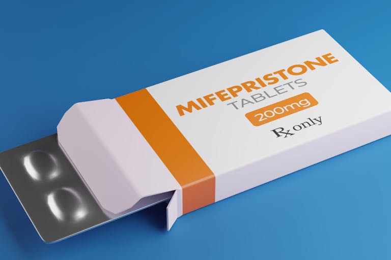 Mifepristone tablets in box. RU-486 Medical abortion pills. Used in combination with misoprostol 3D rendering.