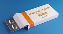 Mifepristone tablets in box. RU-486 Medical abortion pills. Used in combination with misoprostol 3D rendering.