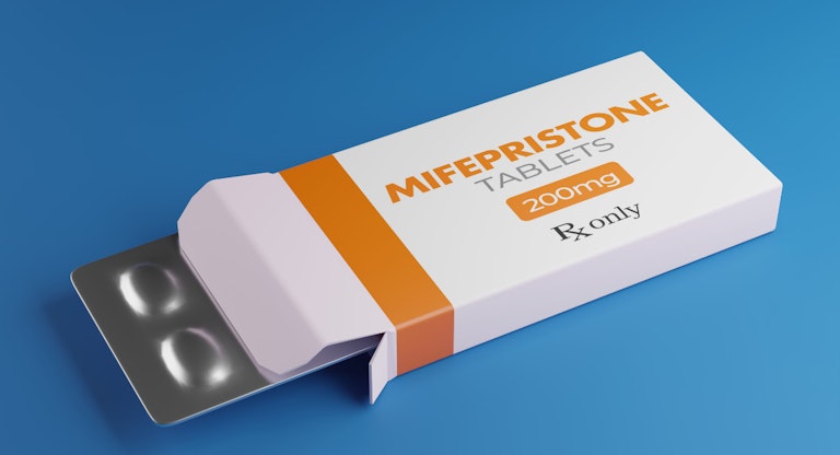 Mifepristone tablets in box. RU-486 Medical abortion pills. Used in combination with misoprostol 3D rendering.