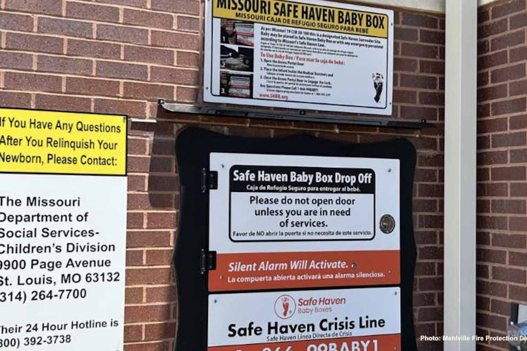 Photo: Mehlville Fire Protection Safe Haven (Facebook) Photo of Safe Haven Baby Box in brick wall of Mehlville fire station