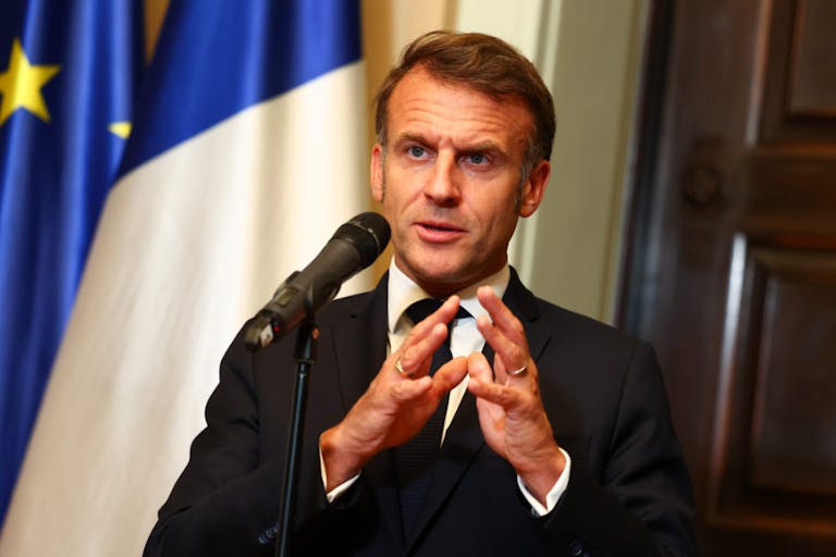 Photo by Christian Mang/Getty Images BERLIN, GERMANY - JULY 23: French President Emmanuel Macron talks to media prior to talks with German Chancellor Friedrich Merz at Villa Borsig on July 23, 2025 in Berlin, Germany. The two leaders are meeting as Germany, France and the United Kingdom forge a stronger European alliance following U.S. President Donald Trump's disruption of transatlantic ties.