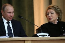 MOSCOW, RUSSIA - FEBRUARY 15: (RUSSIA OUT) Russian President Vladimir Putin (L) and Council of the Federation Speaker Valentina Matviyenko (R) attend the meeting of the Extended Board of the Prosecutor General's Office on February 15, 2018, in Moscow, Russia.Vladimir Putin is expected to be re-elected in the Presidential Elections 2018 set for March,18. ( Photo by Mikhail Svetlov/Getty Images) Russian President Vladimir Putin holds a meeting at Prosecutor General’s Office