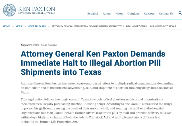 AG issues Cease-and-Desist letter on abortion pills shipped to Texas.jpg AG issues Cease-and-Desist letter on abortion pills shipped to Texas.jpg