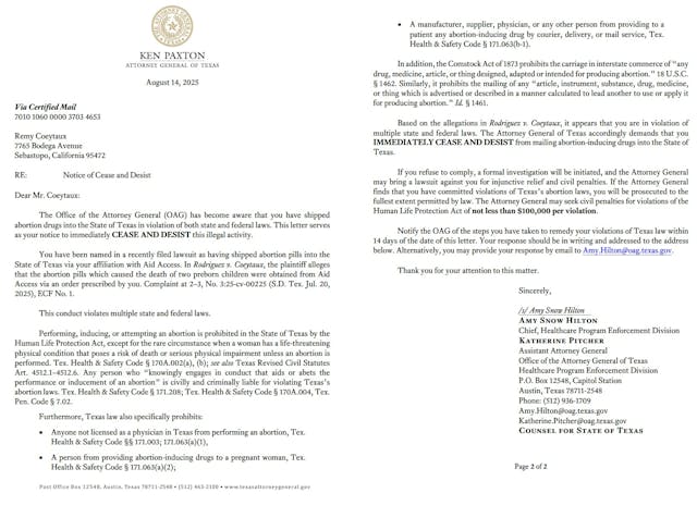 Cease and Desist letter on abortion pills to Remy Coeytaux by State of Texas