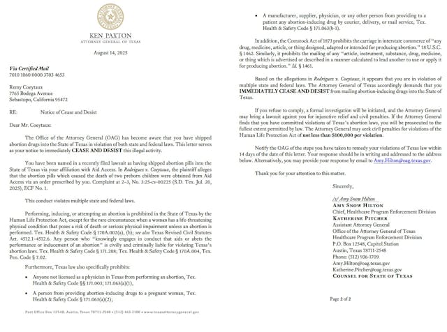 Cease and Desist letter on abortion pills to Remy Coeytaux by State of Texas Cease and Desist letter on abortion pills to Remy Coeytaux by State of Texas