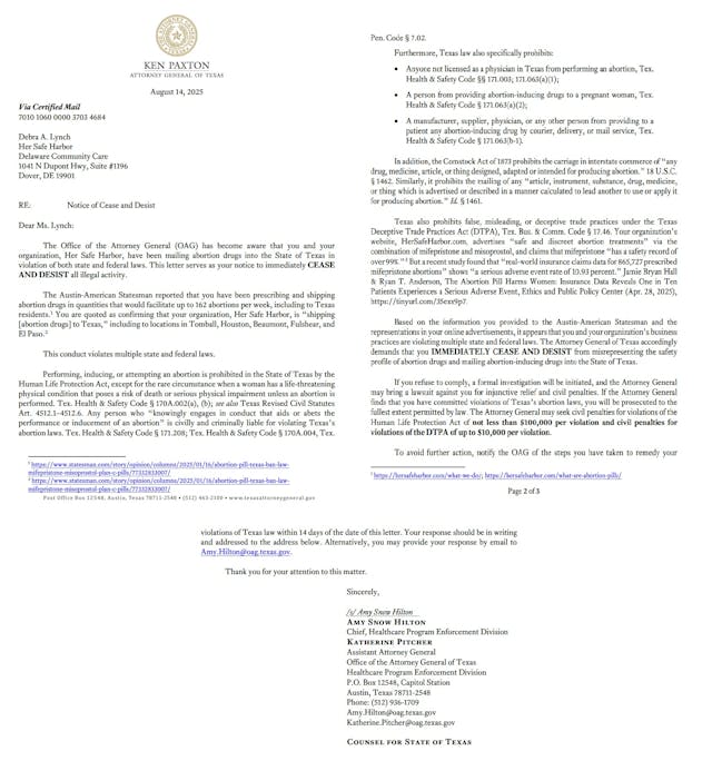 Cease and Desist letter on abortion pills to Debra Lynch Her Safe Harbor by State of Texas Cease and Desist letter on abortion pills to Debra Lynch Her Safe Harbor by State of Texas