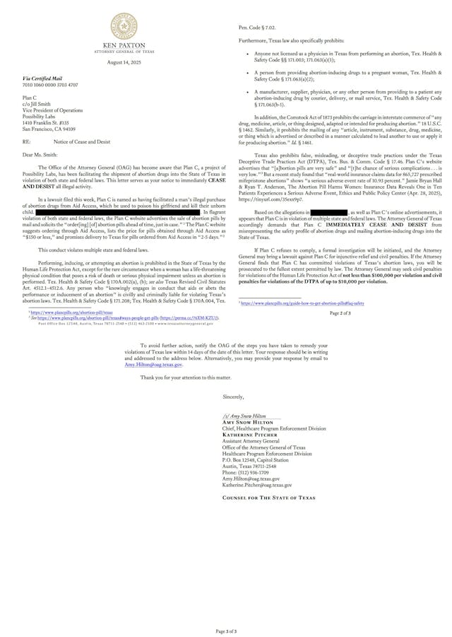 Cease and Desist letter on abortion pills to PlanC by State of Texas Cease and Desist letter on abortion pills to PlanC by State of Texas