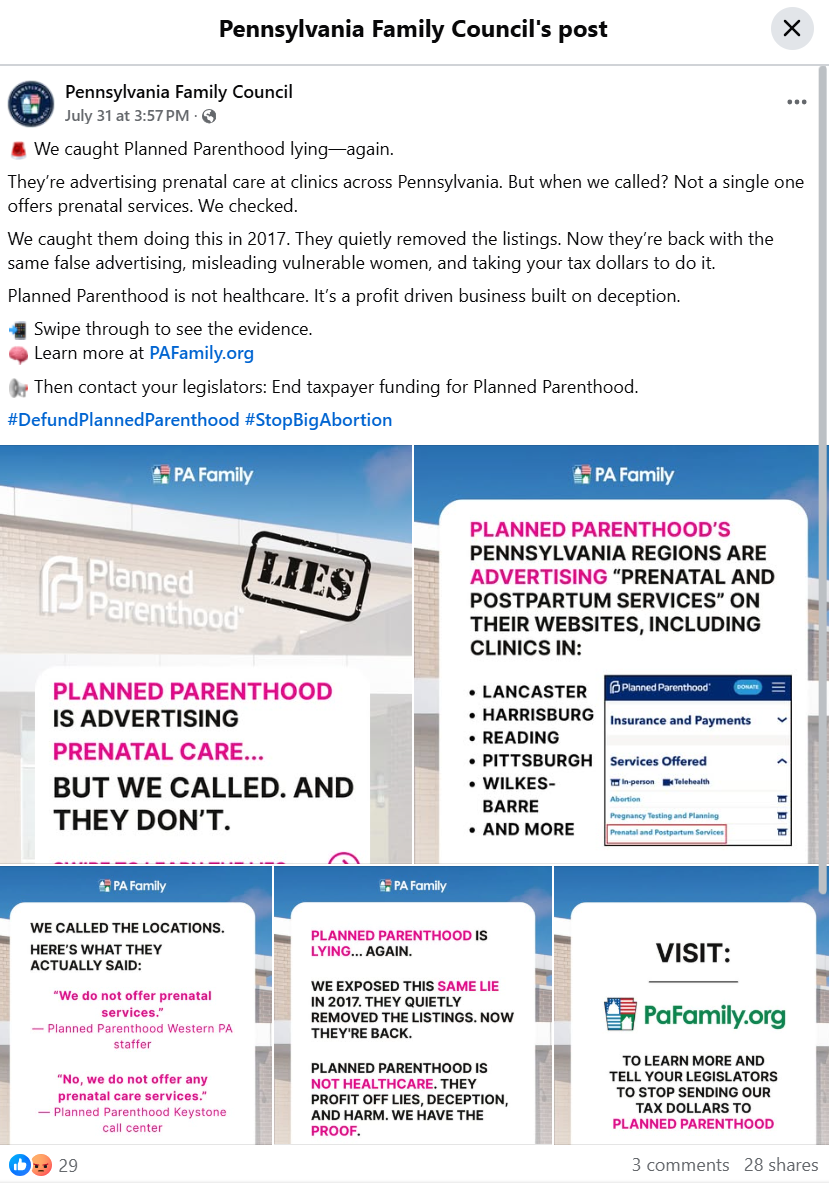PA Family accuses Planned Parenthood of deceptive marketing FB