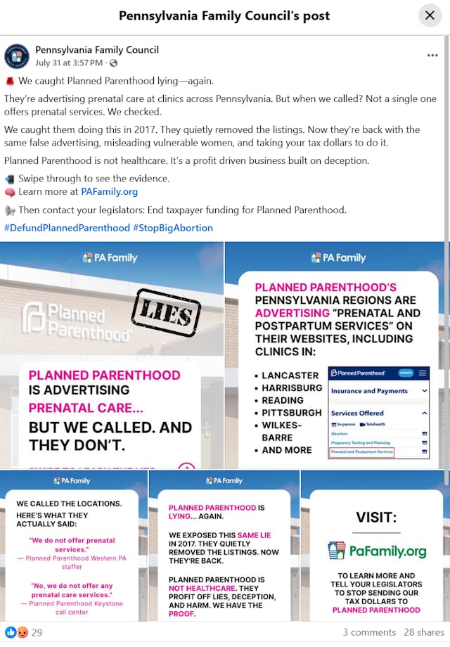 PA Family accuses Planned Parenthood of deceptive marketing FB