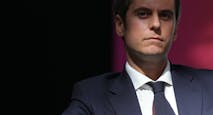 The party's General Secretary Gabriel Attal looks on during a meeting of French centrist Renaissance party, at the Cite du Cinema in Saint-Denis, north of Paris, on April 6, 2025. (Photo by Thomas SAMSON / AFP) (Photo by THOMAS SAMSON/AFP via Getty Images)
