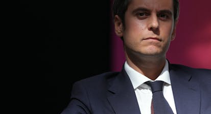 The party's General Secretary Gabriel Attal looks on during a meeting of French centrist Renaissance party, at the Cite du Cinema in Saint-Denis, north of Paris, on April 6, 2025. (Photo by Thomas SAMSON / AFP) (Photo by THOMAS SAMSON/AFP via Getty Images)