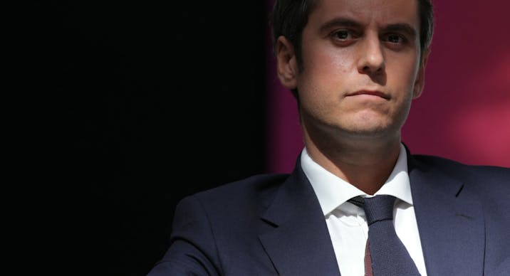 The party's General Secretary Gabriel Attal looks on during a meeting of French centrist Renaissance party, at the Cite du Cinema in Saint-Denis, north of Paris, on April 6, 2025. (Photo by Thomas SAMSON / AFP) (Photo by THOMAS SAMSON/AFP via Getty Images)