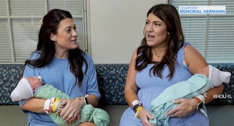 Lindsey and Rachel, identical twin sisters, hold their newborn sons.