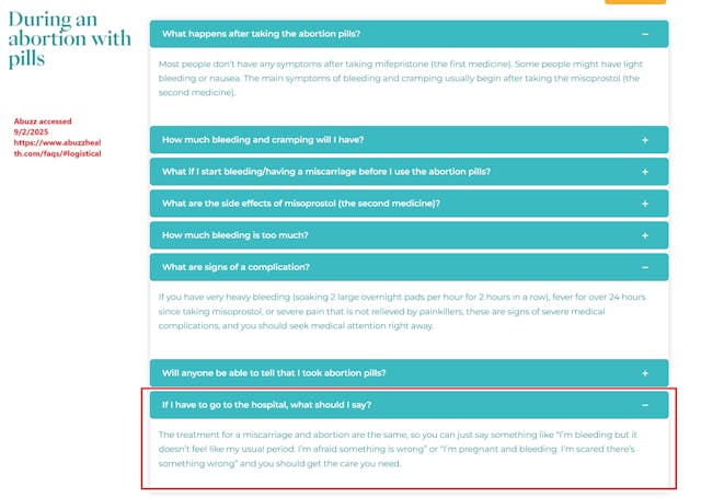 Screenshot: Abuzz abortion pill referral website advises women lie about abortion complications Abuzz abortion pill referral website advises women lie when presenting to ER
