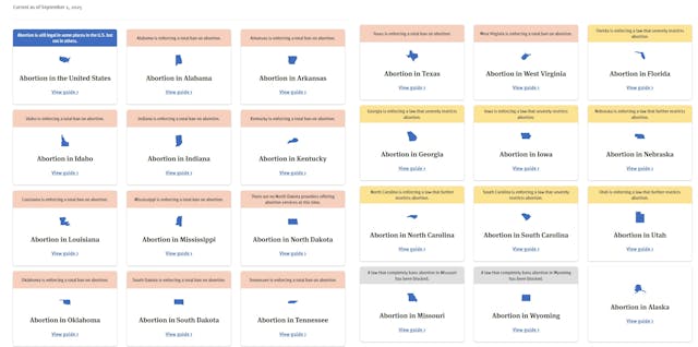 AbortionFinder's website listing of states where there is a "total ban" on abortion, and others that restrict it AbortionFinder website illegally refers abortion pills
