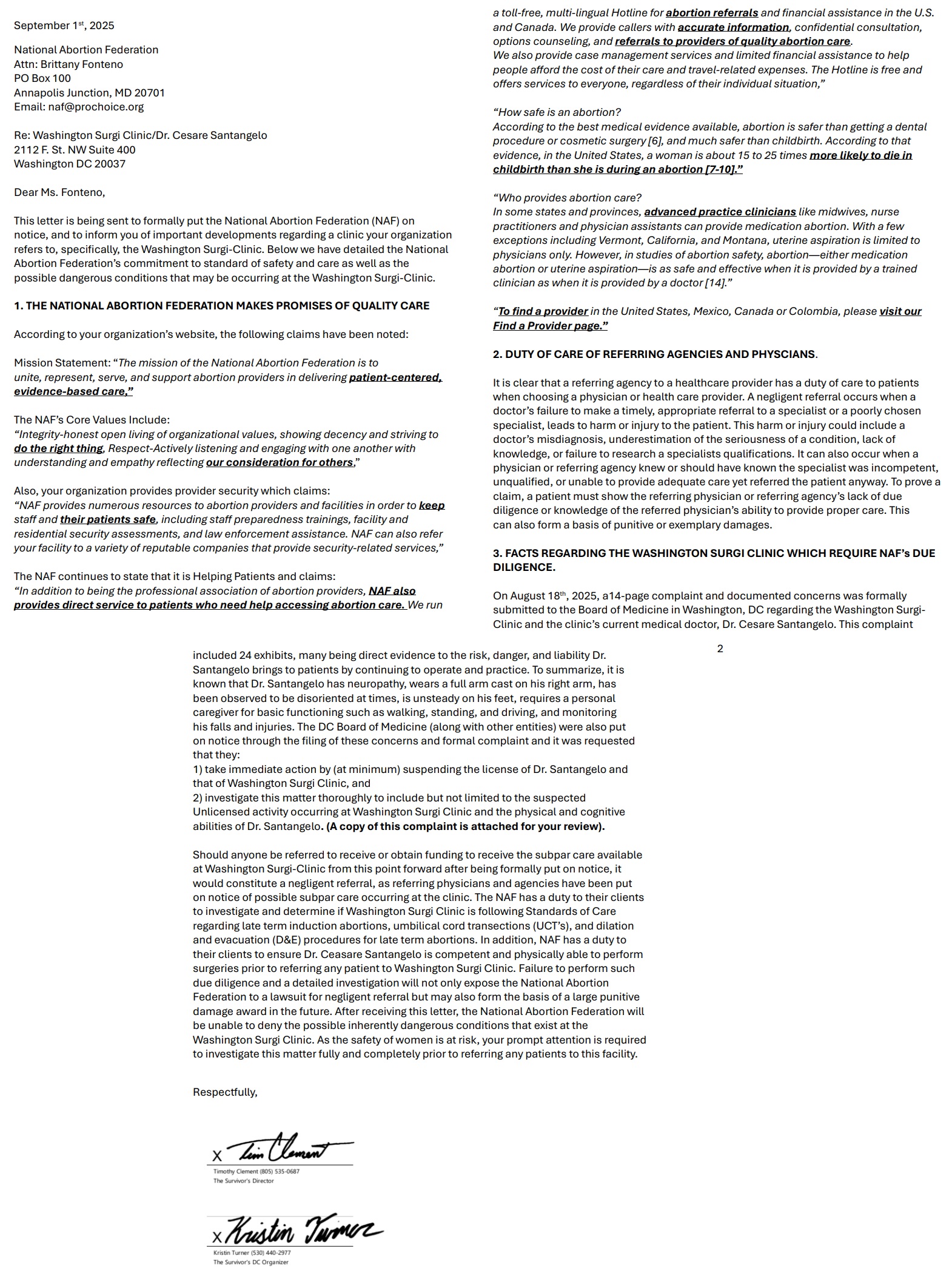 Legal notice to National Abortion Federation from Survivors