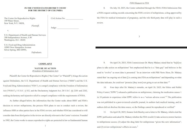 Center for Reproductive Rights Sues FDA and HHS over abortion pill review