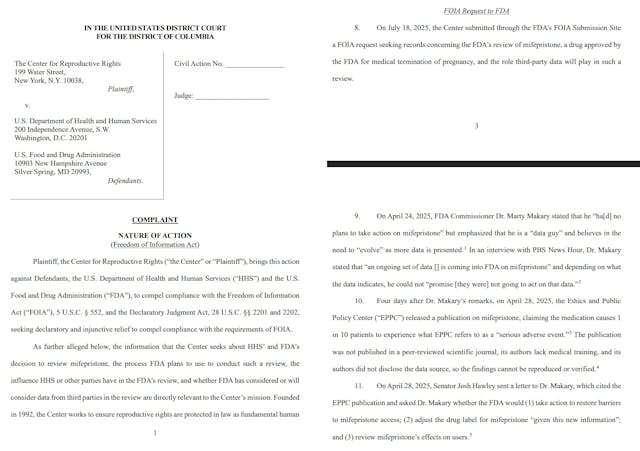 Center for Reproductive Rights Sues FDA and HHS over abortion pill review