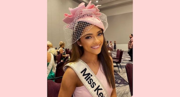Miss Kentucky 2026, Ariana Rodriguez poses in pink hat, pink dress, and Miss Kentucky sash.