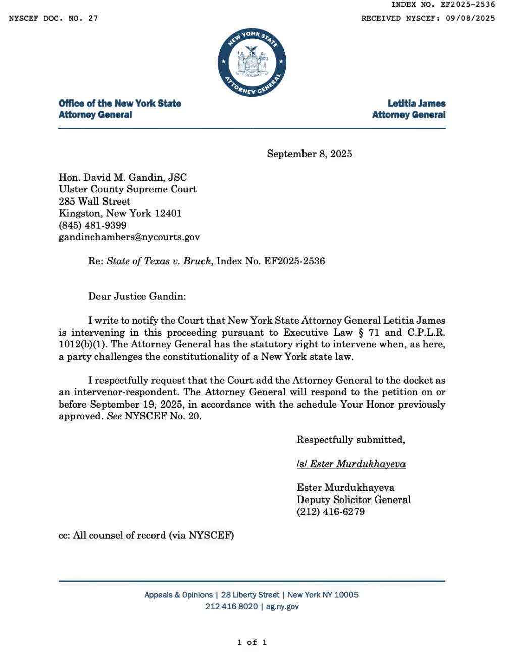 letter from NY AG Letitia James