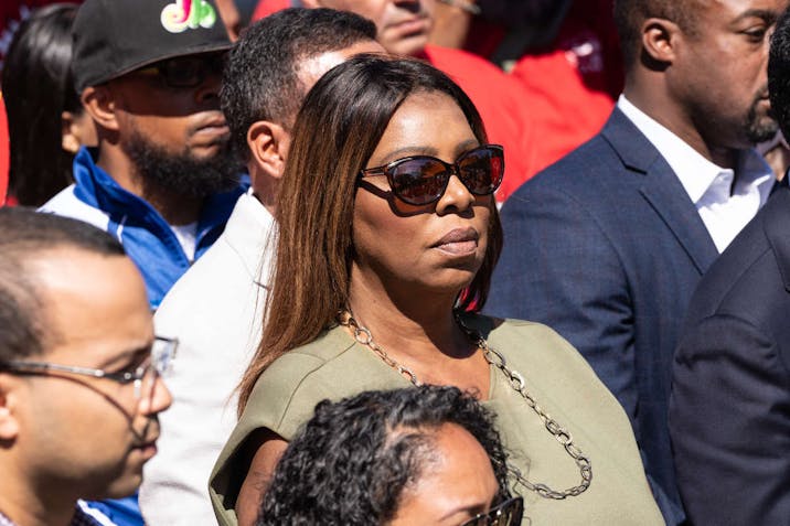 Photo: Lev Radin/Pacific Press/LightRocket via Getty Images NEW YORK, UNITED STATES - 2025/09/02: State Attorney General Letitia James attends campaign rally as mayoral candidate Zohran Mamdani received endorsement by elected officials from The Bronx at Lou Gehrig Plaza.