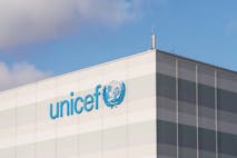 Photo: Getty Images Unicef logo and name in blue on building facade in Nordhavn, Copenhagen, Denmark, corporate identity of global humanitarian organization