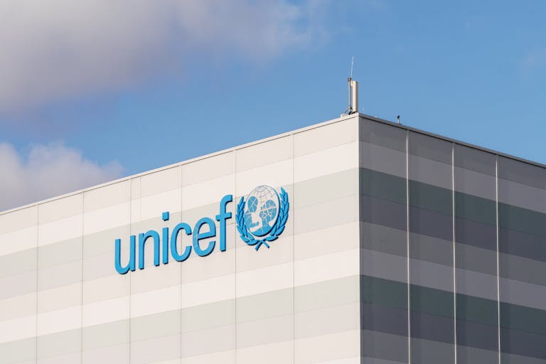 Photo: Getty Images Unicef logo and name in blue on building facade in Nordhavn, Copenhagen, Denmark, corporate identity of global humanitarian organization