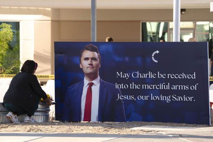 Photo: Rebecca Noble/Getty Images PHOENIX, ARIZONA - SEPTEMBER 10: Arizonans mourn Turning Point USA Founder Charlie Kirk outside of the Turning Point USA headquarters on September 10, 2025 in Phoenix, Arizona.