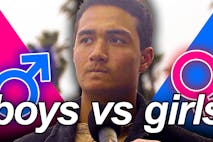 Live Action Young man with male and female symbols on either side, caption: boys vs girls