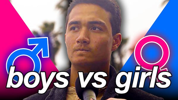 young man with male and female symbols on either side, caption: boys vs girls