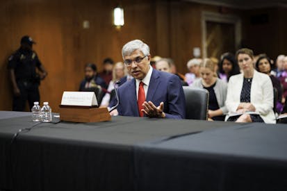 US National Institutes of Health (NIH) Director Jayanta (Jay) Bhattacharya testifies during a Senate Appropriations Committee hearing on Capitol Hill in Washington, DC, on June 10, 2025. Hundreds of workers at the NIH signed a letter to Director Bhattacharya on June 9, openly protesting the Trump administration's cuts to the agency that "undermine the NIH mission" and "harm the health of Americans and people across the globe." (Photo by Ting Shen / AFP)