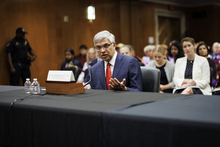 US National Institutes of Health (NIH) Director Jayanta (Jay) Bhattacharya testifies during a Senate Appropriations Committee hearing on Capitol Hill in Washington, DC, on June 10, 2025. Hundreds of workers at the NIH signed a letter to Director Bhattacharya on June 9, openly protesting the Trump administration's cuts to the agency that "undermine the NIH mission" and "harm the health of Americans and people across the globe." (Photo by Ting Shen / AFP)