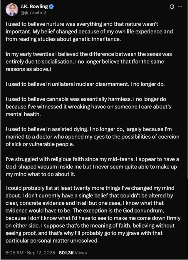 Screenshot: J.K. Rowling X post Tweet from JK Rowling - assisted dying