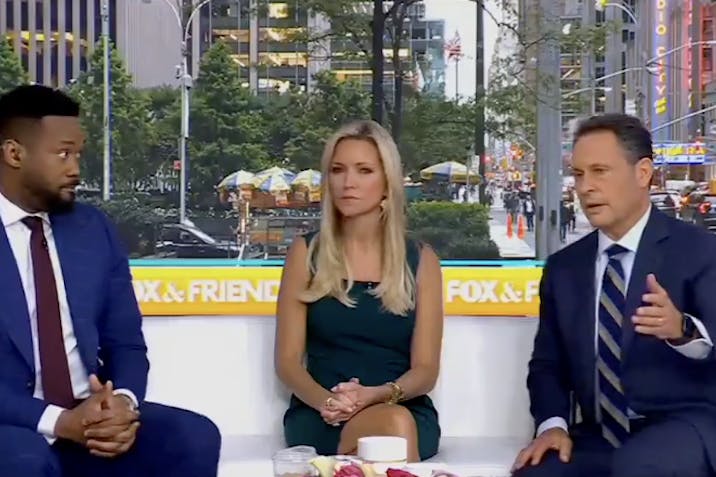 Screenshot: Brian Kilmeade on Fox & Friends via X Three anchors for Fox & Friends sitting in a news studio.