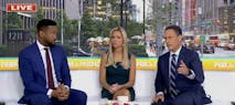 Three anchors for Fox & Friends sitting in a news studio.