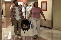 Screenshot: ABC7 Trinity and her parents leave Mercy Hospital
