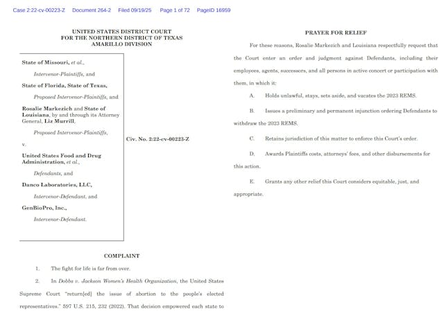 Lawsuit by MO, FL, TX, Louisiana against FDA Louisiana and Woman seek to intervene in abortion pill lawsuit