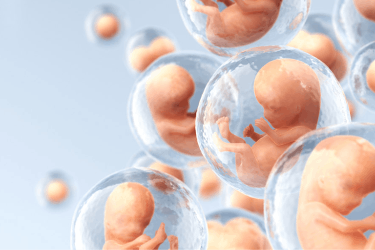 Photo: Getty Images Artwork depicting human embryos floating in bubble sacs in front of a blue background.